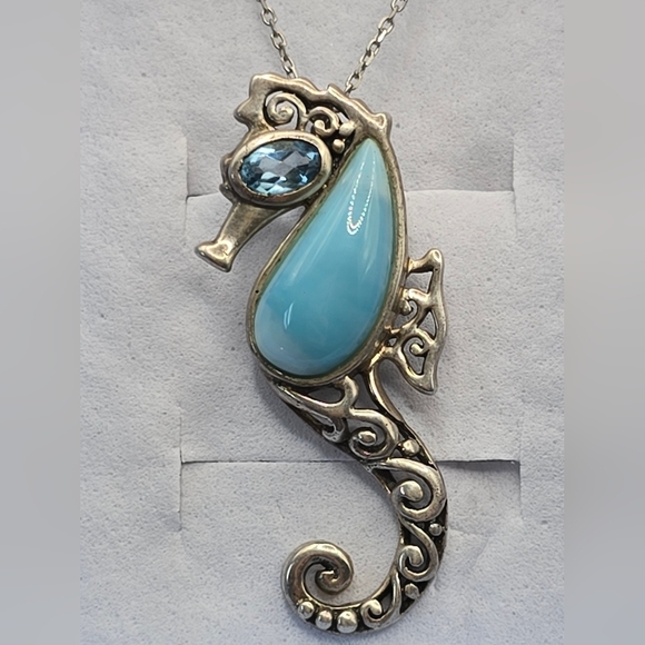 Blue Larimar Sterling Silver "Seahorse" Pendant With Chain 4 Available Per One - Picture 4 of 7